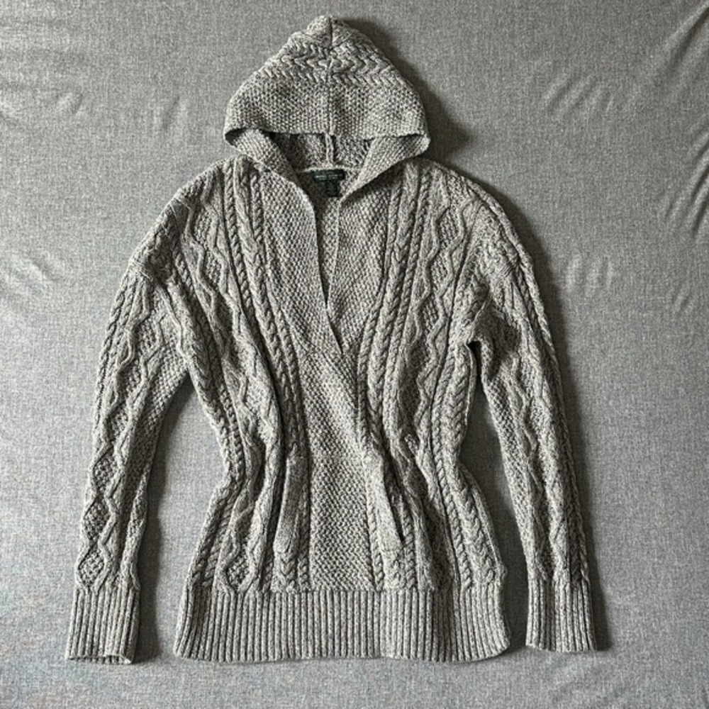 LRL Lauren Jeans Co Marled Cable Knit Shawl Collar Hoodie‎ Sweater Cotton L